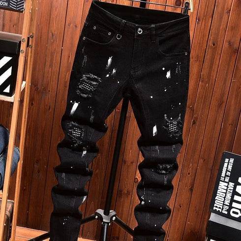 Retro Ripped Black Stretch Jeans Men's Casual Comfort Pants