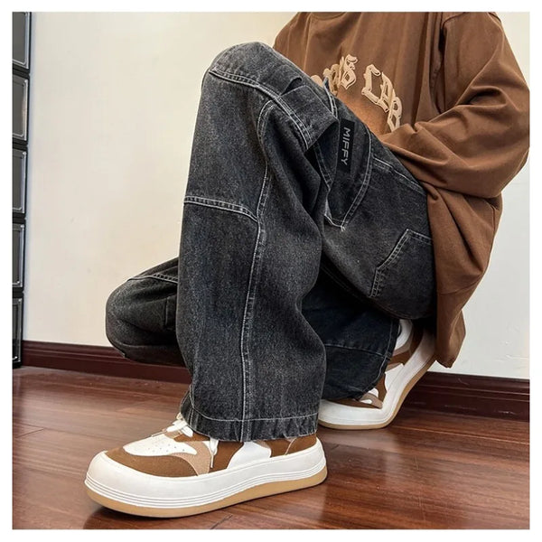 Men Wide Leg Jeans Hip Hop Casual Baggy Denim Pants Streetwear