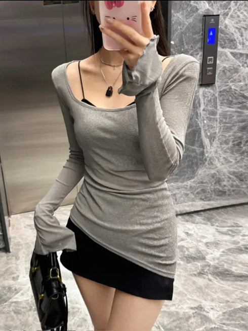 Mesh Sheer Irregular T Shirt For Women New Long Sleeve See-Through Korean Pullover Tops Sexy Autumn Girls Top Tee Shirt Casual