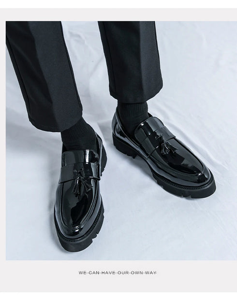 Men's Thick Sole Patent Leather Oxfords - Stylish Slip-On Derby Shoes for Casual and Formal Occasions, Height Increasing Loafers for Ultimate Comfort and Fashion
