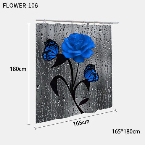 Red Rose and Butterfly Bathroom Mat and Shower Curtain Set Waterproof Eco-Friendly Design