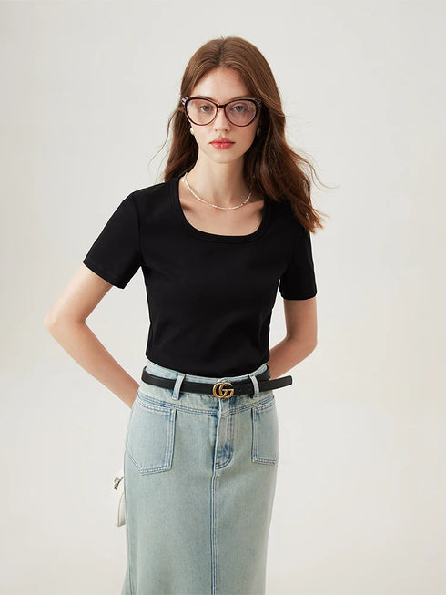 FSLE【4 Colors】Women Round Neck Casual Grey Summer T-Shirt Black Cotton Square Neck Short Sleeve Elastic Tees 24FS12797+24FS12798