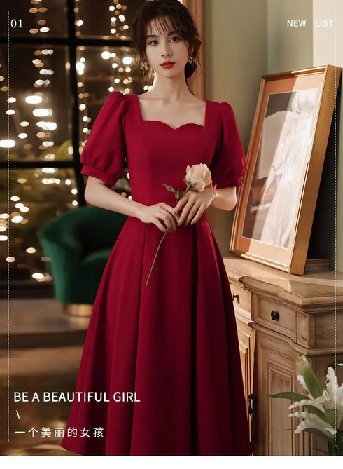 Elegant Red Midi Dress Women Summer Vintage Evening Party Dress Casual Fashion Formal Occasions One Piece Dress