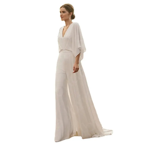 Customized Holy White Wedding Dresses Pants Suite Bridal Gowns V Neckline Beach Jumpsuit Backless 3/4 Sleeves
