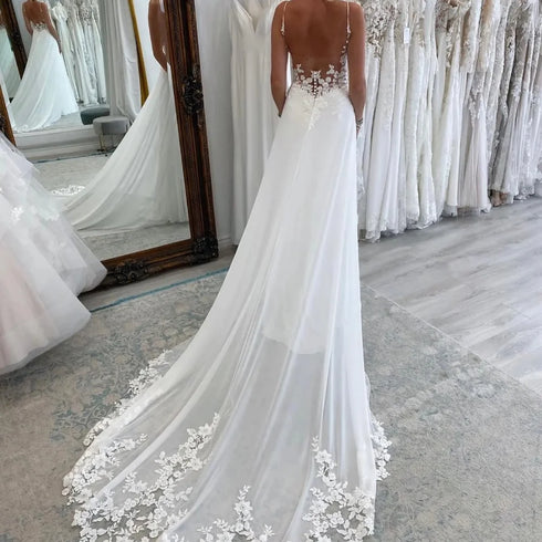 Beach Wedding Dress A Line Chiffon V Neck Backless Embroidered Appliques Boho Gown