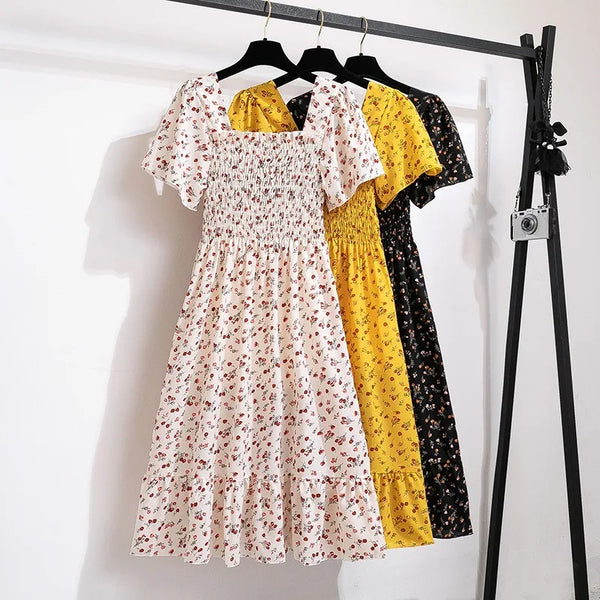 Floral Pleated Chiffon Midi Dress for Women with Short Sleeves and Backless Design
