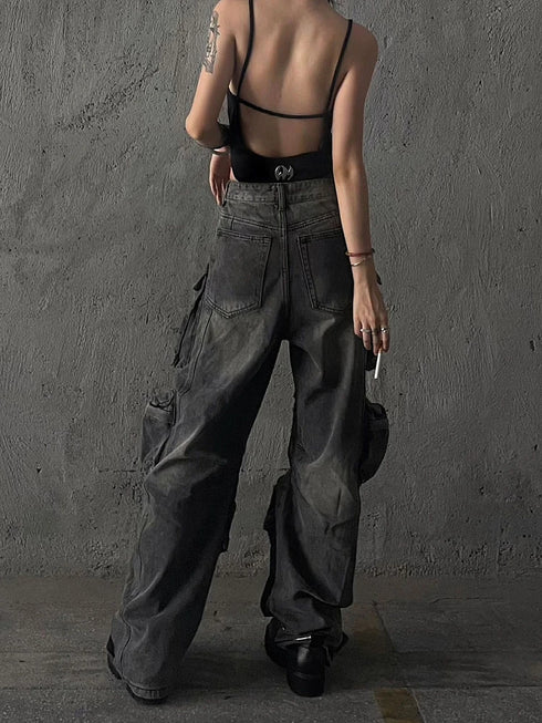 Baggy Y2K Goth Cyber Punk Denim Cargo Pants for Women - Grunge Wide Leg Jeans for Dark Academia and Harajuku Fashion with Pockets and Slight Stretch for Stylish Fall Outfits