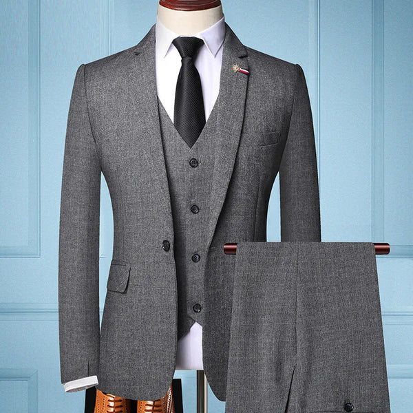 Men's Slim Fit Three-Piece Wedding Suit Set with Vest and Trousers