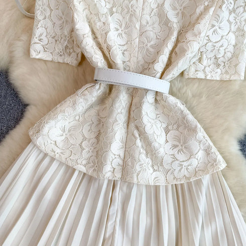 Runway Spring Pleated Chiffon Lace Party Long Dress Midi Dresses