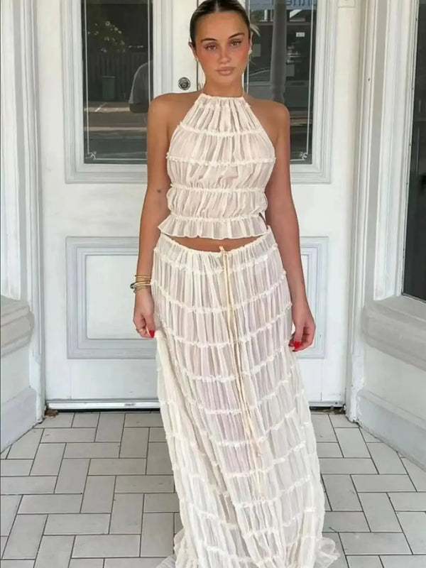 Fashion Halter Neck Maxi Skirt Suit for Women Backless Lace Up Two Piece Summer Outfit