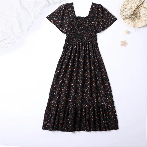 Floral Pleated Chiffon Midi Dress for Women with Short Sleeves and Backless Design