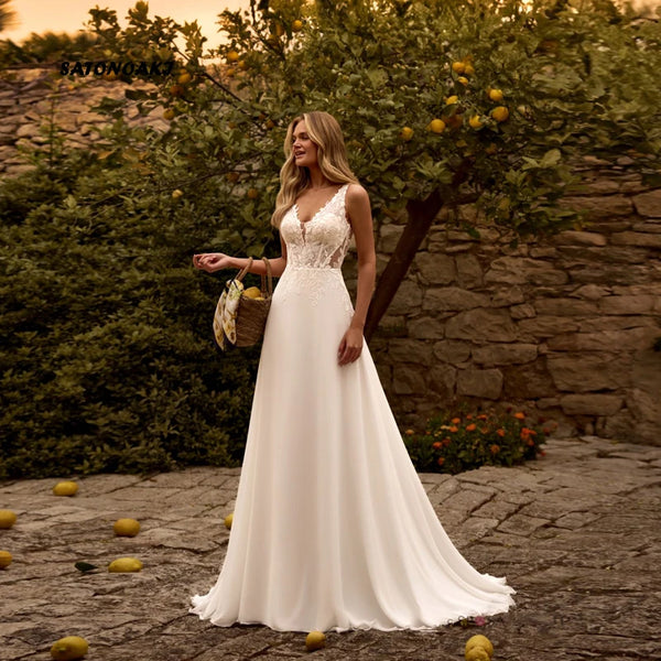 Backless Lace V-Neck A-Line Silhouette Chiffon Sleeveless Floor-Length Wedding Dress With Appliques