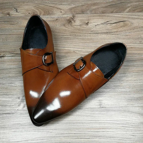 Elegant Men's Leather Dress Shoes for Formal Occasions - Stylish Brogue Loafers with Buckle Strap and Pointed Toe for Weddings and Autumn Events