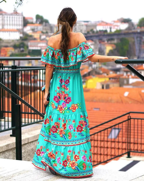 Elegant One-shoulder Short-sleeved Dress For Women Fashion Splicing Floral Print Dresses