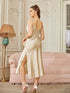 Elegant Satin Cowl Neck Sleeveless Midi Dress With Side Slit Spaghetti Straps Bridesmaids Dress