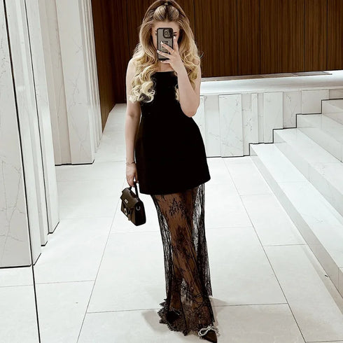 Lace Long Skirt Set with Sexy Sheath Vest Top for Evening Parties