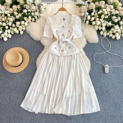 Runway Spring Pleated Chiffon Lace Party Long Dress Midi Dresses