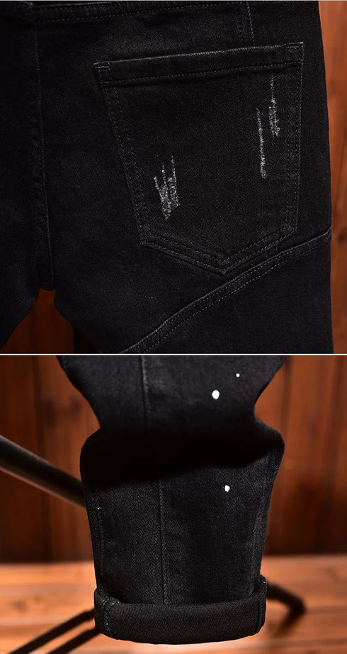 Retro Ripped Black Stretch Jeans Men's Casual Comfort Pants