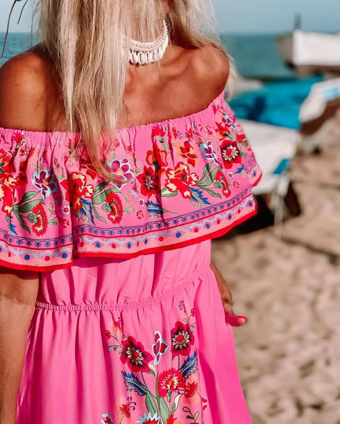 Elegant One-shoulder Short-sleeved Dress For Women Fashion Splicing Floral Print Dresses