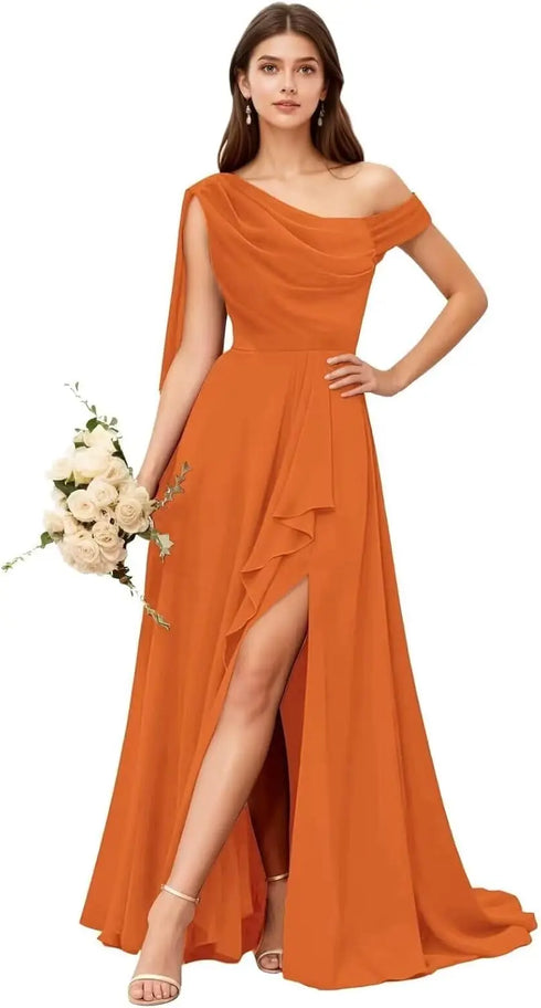 Bridesmaid Dress One Shoulder Chiffon With Pleated Ruffles A-Line Floor-Length Slit Bridal Dress