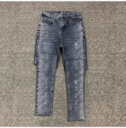 Fashion Rhinestone Jeans Female High Waist Slim Pencil Pants