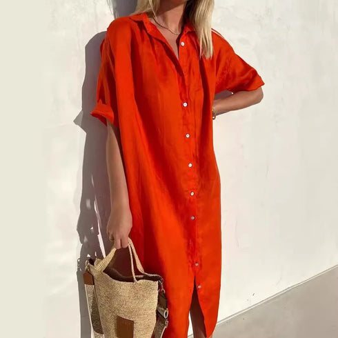 Women's Elegant Summer Shirt Dress Loose Fit Cotton Linen with Pockets
