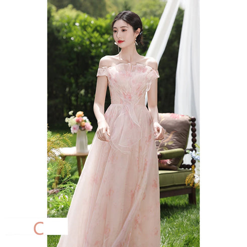 Off Shoulder Bridesmaid Dress Elegant Bubble Sleeve Floral Print Aline Gown For Party