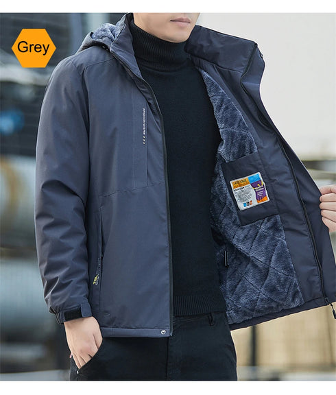 Plush Waterproof Autumn Winter Jacket for Men - Casual Windproof Coat with Detachable Hood and Rib Sleeves, Perfect for Daily Wear and Spring Cotton Comfort