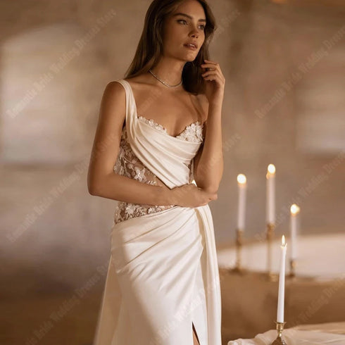 Boho Lace Mermaid Backless Sleeveless Floor-Length Dress Wedding Dress With Floral Appliques