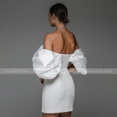 Short Wedding Dress for Bride Off the Shoulder Mini Gown Sheath Backless Glitter Bridal Dress