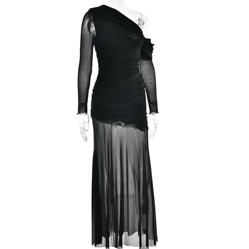 Oblique Shoulder Long Sleeve Maxi Dress for Women Elegant Patchwork Ruched Backless Slim Bodycon Dress