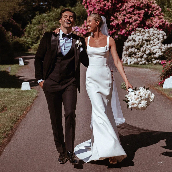 Backless Mermaid Satin Wedding Dress With Square Neck Sleeveless Elegant Bridal Gown