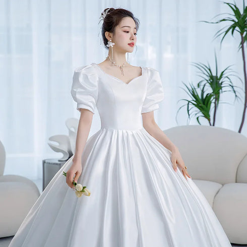 Vintage Princess Wedding Dress Satin Gown with Beading Plus Size