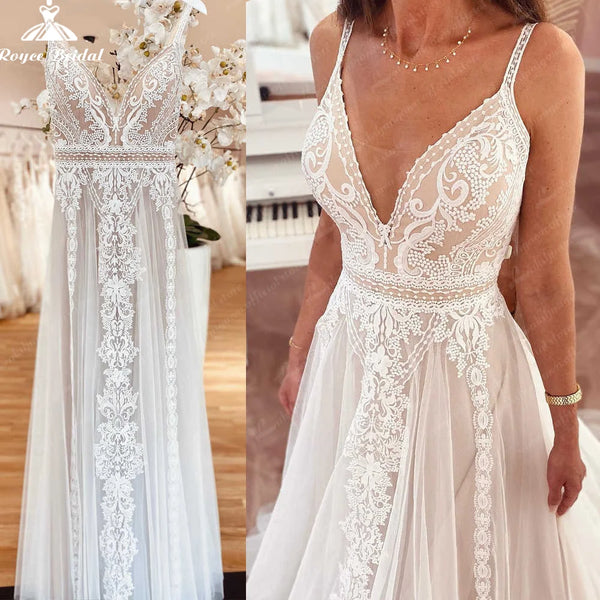 Plunging V Bohemian Wedding Dress A Line Boho Gown with Lace Open Back