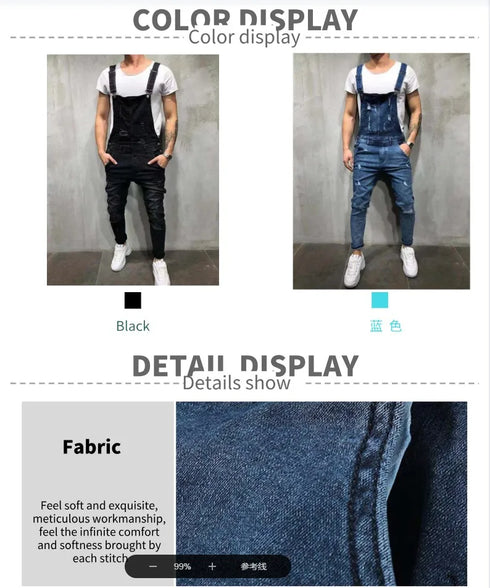 Fashionable Men's Ripped Denim Overalls - Trendy High Street Cargo Bib Jumpsuits for Hip Hop Style and Casual Outfits