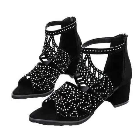 Rhinestone Faux Leather Hollow Out Thick Heel Sandals