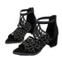 Rhinestone Faux Leather Hollow Out Thick Heel Sandals