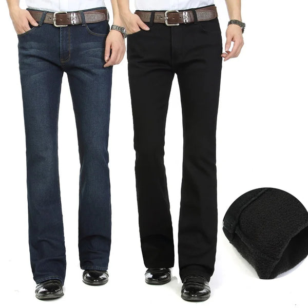 Men Winter Warm Fleece Boot Cut Jeans Business Casual Pants