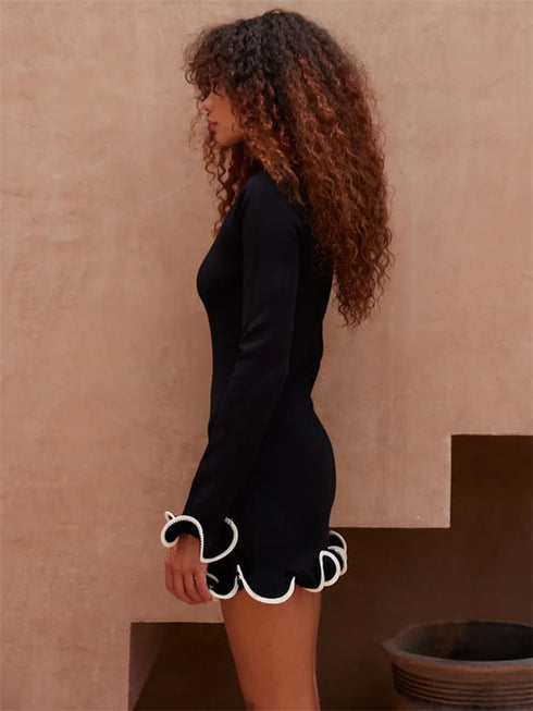 Women's Knit Mini Dress Ruffled Autumn High Waist Elegant Slim Party Dress Patchwork Knitwear