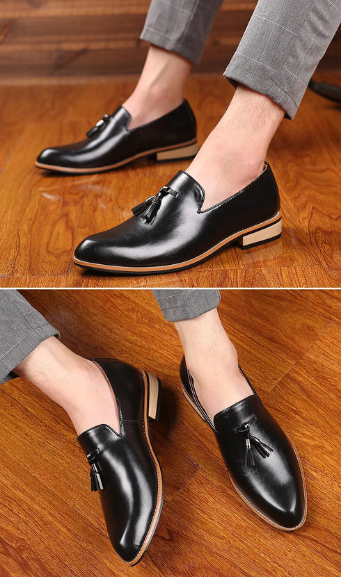 Elegant Pointed Toe Leather Oxfords for Men - Formal Office, Wedding, and Party Dress Shoes Featuring Comfortable Slip-On Design and Durable Rubber Outsole