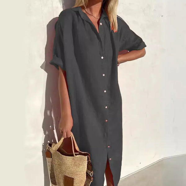 Women's Elegant Summer Shirt Dress Loose Fit Cotton Linen with Pockets