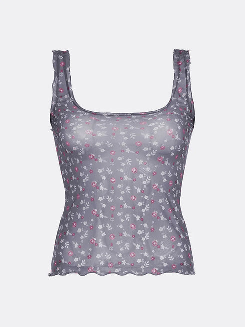 Floral Print Frills Mesh Crop Top Women Sweet Summer Tank Vest Camisole Korean Fashion