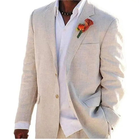 Beige Linen Men Suits Casual 2 Piece Jacket Pants Set for Beach and Summer Events