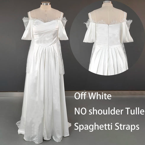 Customized Illusion Tulle Off Shoulder Lace Wedding Gowns A Line Long Sleeves Ruched Satin Bridal Dress