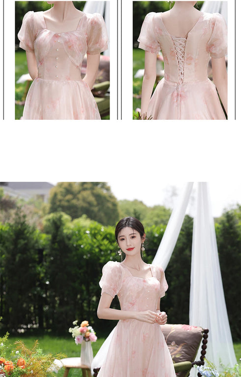 Off Shoulder Bridesmaid Dress Elegant Bubble Sleeve Floral Print Aline Gown For Party