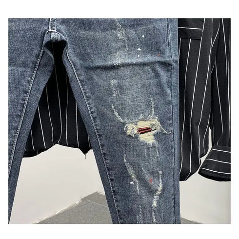 Korean Style Slim Men's Jeans with Cat Whisker Holes and Colorful Paint Splatters - Stylish Medium Wash Jeans for Casual Outfits