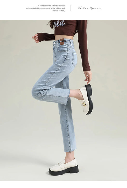 Slim Straight Elastic Denim Pipe Pants for Women - Versatile All-Season Trousers with Pockets and Tie Dye Details for Trendy Fall Outfits