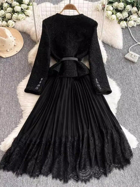 Hepburn Elegant Long Tweed Dresses Women Autumn Party Luxury Robe