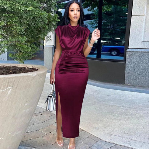 Women Dress Pleated Long Elegant Slit High Collar Maxi Gowns Party