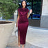 Women Dress Pleated Long Elegant Slit High Collar Maxi Gowns Party